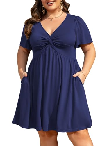 Image of Manllenshie Womens Plus Size Summer Dress Casual Short Sleeves Deep V Neck Twist Knot Front Flowy Dress with Pockets