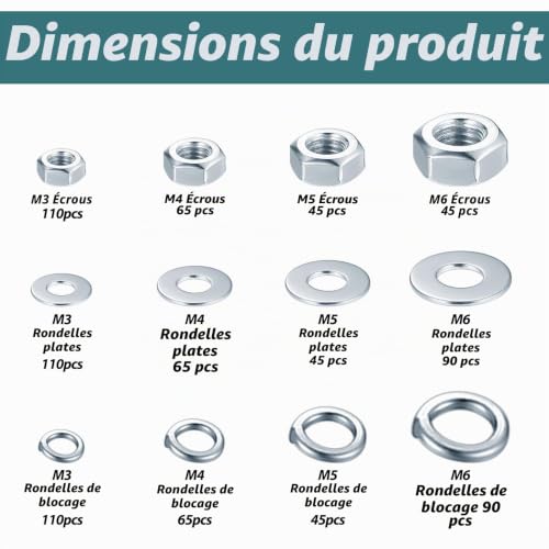 885 Pcs Ecrou M3 M4 M5 M6 Et Rondelles Metal Et Rondelles À Ressort – vue 2