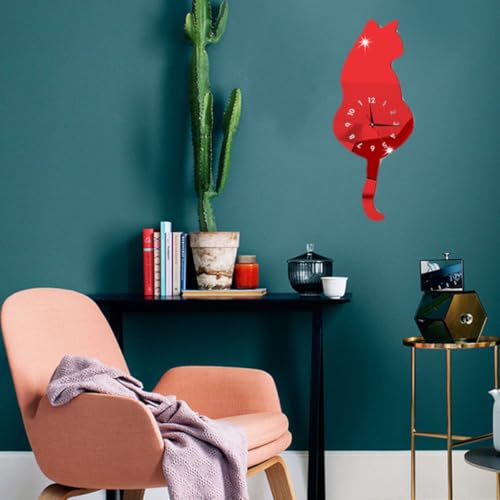 Horloge murale chat acrylique rouge mécanisme silencieux haute précision - 4