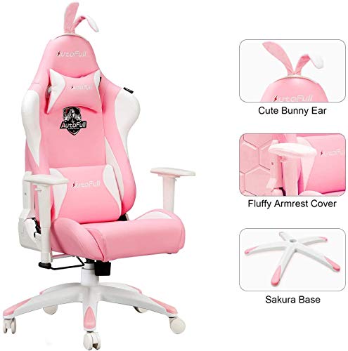 AutoFull Rosa Sedia Gaming Ergonomica Kawaii Sedie da Ufficio con Orecchie di Coniglio,Altezza Regolabile e Supporto Lombare (3 Anni di Garanzia)