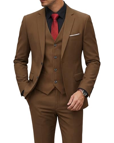 Image of YND Men's 3 Piece Suit with Tie, Solid Color Slim Fit Jacket Vest and Pants
