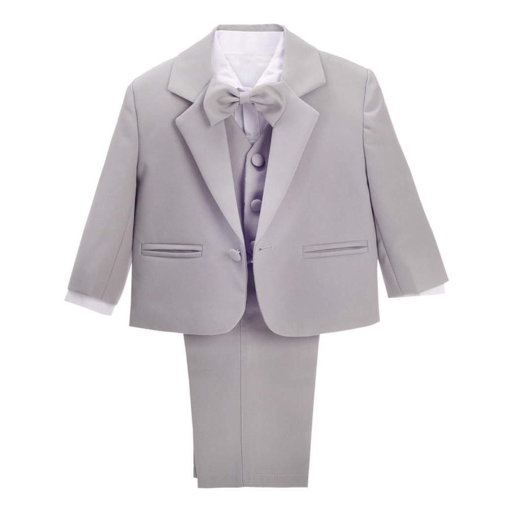 Lito Angels Baby Boy Formal Dress Suit Wedding Outfit Wear, 5 Pieces Set (Blazer, Shirt, Waistcoat, Trousers, Bow Tie) Age 18-24 Months (Tag Number 02), Grey