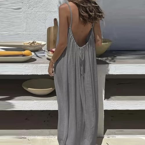 Image of HTHLVMD Backless Cami Dress Summer Dresses for Women 2026 Spaghetti Strap Dresses Womens Solid Color Backless Cami Dress