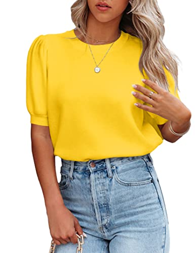 Image of Womens Puff Short Sleeve Sweater Tops Crewneck Basic Knit Pullover Lightweight Casual Sweaters