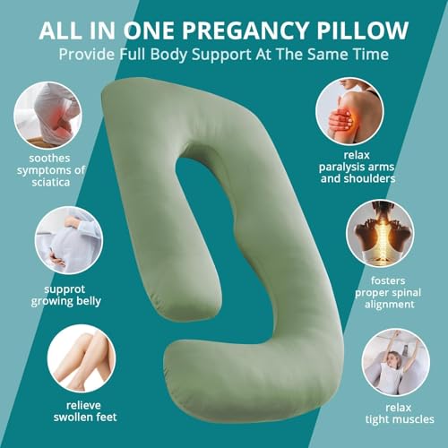 Image of Sasttie Pregnancy Pillows for Sleeping, U Shaped Cooling Full Body Pillow with Removable Cover, Pregnant Women Must Haves, Maternity Essential, Green