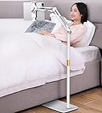 Altura ajustable: con un polo telescopico, la altura del soporte se puede ajustar entre 47 y 63 pulgadas. El soporte del dispositivo se puede rotar 360 grados, te permite ajustar tu dispositivo a la posición de visualización más cómoda cuando estás de pie, sitting abajo o colocando en la cama. Perfecto para salas de cocina, gym, oficinas, escuela, y cualquier lugar que use su dispositivo.