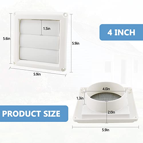 Cenipar 4 inch Louvered Vent Cover and 6 inch Louvered Vent Cover for External Wall Vent Hood Air Outlet with 8 Screws for Easy Installation(Plastic,White)