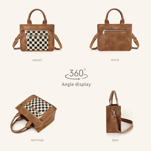 Image of WJCD Women's Tote Handbags Stylish Vegan Leather Handheld Purse for Women Plaid Striped Adjustable Strap Durable Lightweight