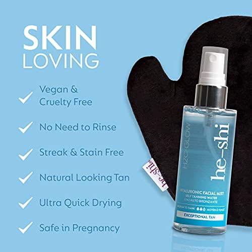He-Shi Hyaluronic Self Tanning Water Facial Mist - Face Tanning H2-Glow Medium to Dark - Streak Free Fake Tan Formula - Quick Dry Natural Looking Tan - Vegan & Cruelty Free (100ml)