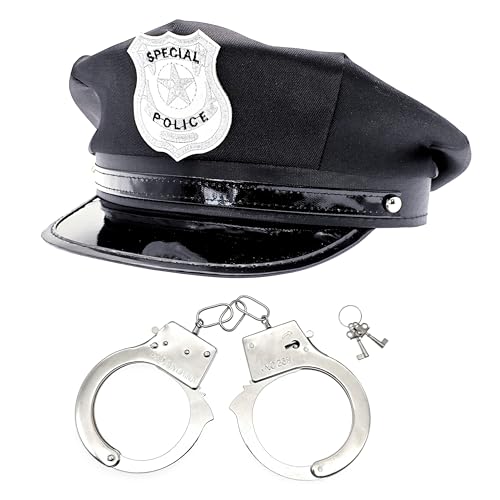 JZK Chapéu de polícia e algemas para adultos, homens e mulheres, acessório de fantasia de policial, boné de polícia para cosplay de Halloween