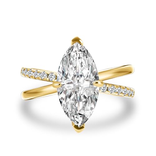 3.0CT 5A Grade Marquise Cut Zirconia Engagement Ring for Women, 18K Yellow Gold Plated Sterling Silver X Promise Ring