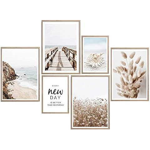 Premium Poster Set, Modern Pictures Decorative Wall Decoration, Pictures Living Room Bedroom Pictures Decoration, Set of 6 Pictures Without Frame (Set Beige, Pampas Grass, Sea, 4 x A4 | 2 x A5) Cover