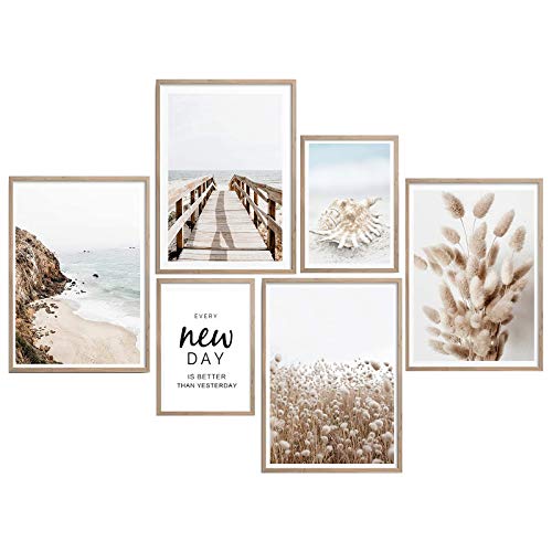 Premium Poster Set, Modern Bilder Deko Wanddeko, Bilder Wohnzimmer Schlafzimmer Bilder Deko, 6er Set Bilder Ohne Rahmen (Set Beige, Pampasgras, Meer, 4x A4 | 2x A5) Cover