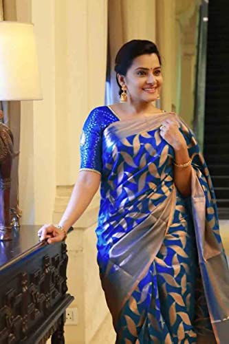 Flosive Women's Present Banarasi Soft Lichi Silk Saree Beautiful Jacquard Rich Pallu Design Work Zari Woven Kanjivaram Silk Style Saree 4539 With Soft Lichi Silk Blouse Piece (Blue).
