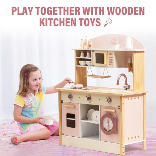 ROBOTIME Wooden Play Kitchen Set, Pretend Play Kitchen Set for Kids with Realistic Design, Kids & Toddlers Kitchen Playset with Dishwasher, Toy Kitchen Set for Boys and Girls Ages 3+ (Pink) by ROBOTIME - Image 8