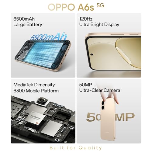 Image of OPPO A6s 5G Smartphone 4+128GB Gold, 6.7-inch HD+ 120Hz Bright Display, 6500mAh Large Battery, 45W SUPERVOOCTM Fast Charge, 5MP Front Camera & 50MP Rear Camera, MediaTek Dimensity 6300, IP64