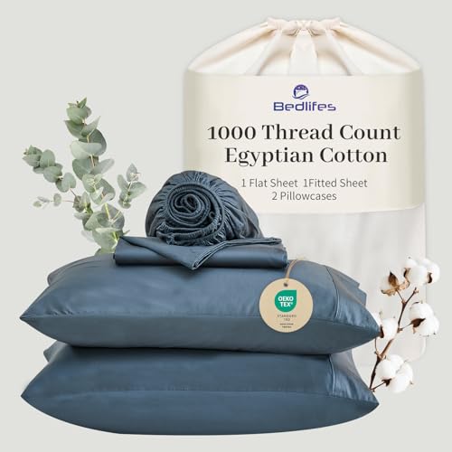 Image of Bedlifes 1000TC Egyptian Cotton Cal King Sheets, 4Pcs, 16 inch Deep Pocket | Cooling & Breathable, Ultra Soft, Hotel Comfort, Sateen Weave, OEKO-TEX Certified, Easy-Care Machine Washable