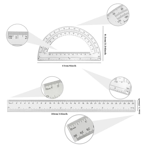 2 packs 12 inch plastic ruler and 6 inch plastic protractor set clear math geometry set classroom set angle detector school supplies classroom ruler home office drawings transparent