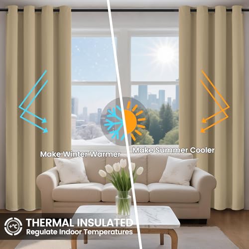 Image of COSVIYA 100% Biscotti Beige Blackout Curtains 63 Inch Long for Kids Room | Room Darkening Light Blocking Drapes for Bedroom, Grommet Thermal Insulated Window Panels with Black Liner, W52xL63,2 Panels