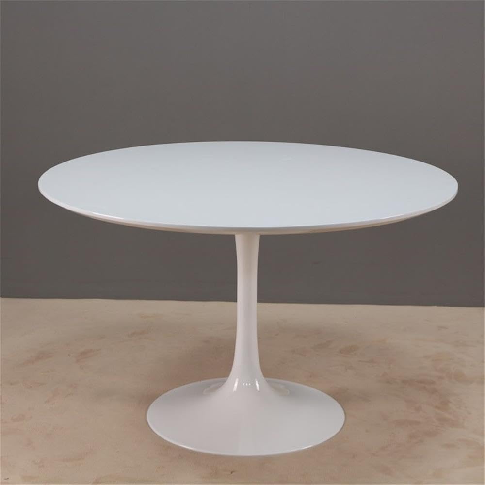 Pemberly Row Modern Round Dining Table, 60 in, White Lacquer MDF Top, Powder-Coated Aluminum Tulip Base, Elegant Design for Kitchen, Dining Room, or Commercial Use