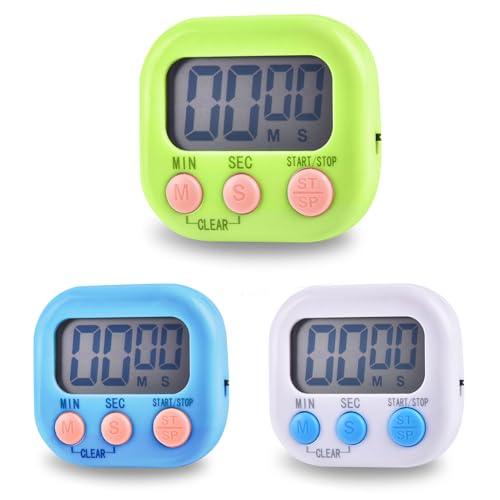 3 Minuteur de Cuisine Magnétique, Timer Enfant avec Grand écran LCD, Minuterie Réglable Chronomètre Digital, Compte à Rebours, pour Cuisson Douche Sport...