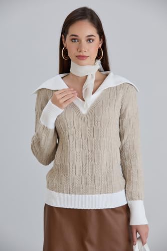 Image of Sweaters for Women Fashion Long Sleeve Lapel Collar V Neck Casual Knit Color Block Pullover Sweater
