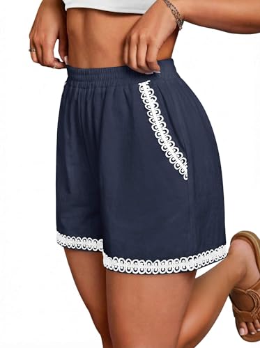 ONLYSHE Relaxed Fit Shorts for Women Ladies Summer Fashion Cute Drawstrings Short Lace Pants for Teen Girls Blue Small