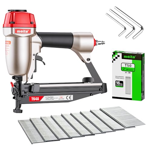 meite T64A 16 Gauge Finish Nailer with 2,500PCS 2 Nails, Pneumatic Straight Finish Nail Gun with Quick Jam Release for Baseboard Cabinetry Trim, Accepts 1-1/4 to 2-1/2 Nails