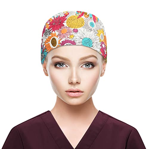 Image of QBA Adjustable Working Cap with Button, Satin-Lined Hat, Cotton Working Hat Sweatband, Elastic Tie Back Hats Unisex