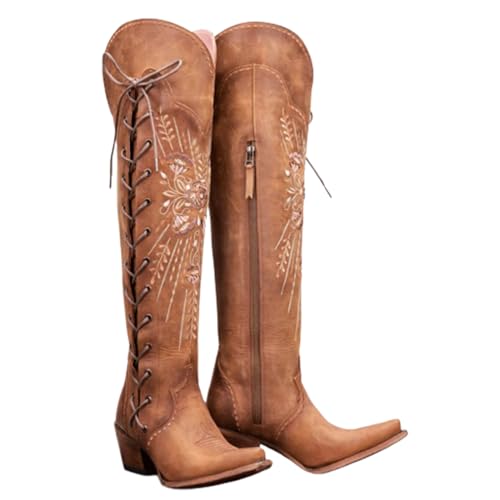 Bottes de Cowboy Hautes FGRID Marron en Cuir Vintage pour Femme Taille 37