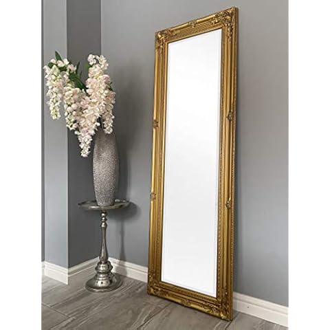 DOWNTON INTERIORS Antique Gold Tall Ornate Dressing Wall Mirror with Bevelled Glass - Overall Size: 142cm x 47cm Cover