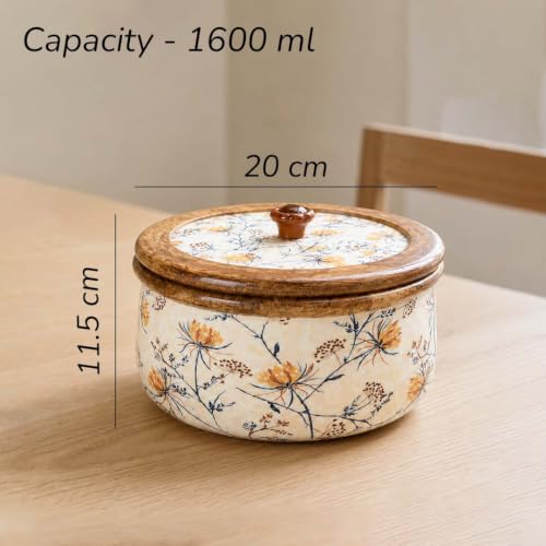 Image of The Earth Store Premium Wooden Florence Casserole for Roti - 1600ML Handcrafted Mango Wood with Resin Art Roti Casserole | Elegant Wooden Roti Box | Chapati Box for Dining & Gifting