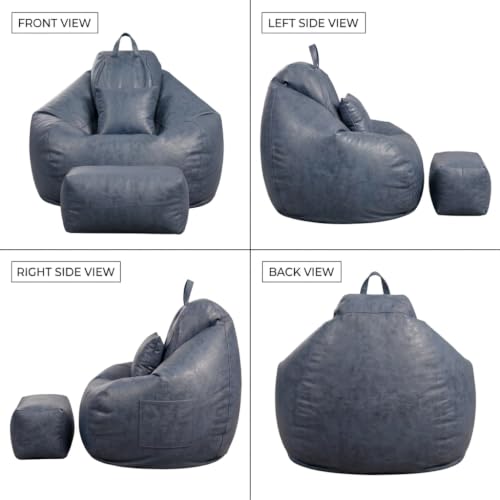 Image of 4XL Suede Bean Bag Chair with Footrest & Cushion | Filled with High Density Polystyrene Beans | Premium Soft Fabric | Teardrop Design with Handle | Ready to Use Color- (NAVY BLUE, Bean Bag)
