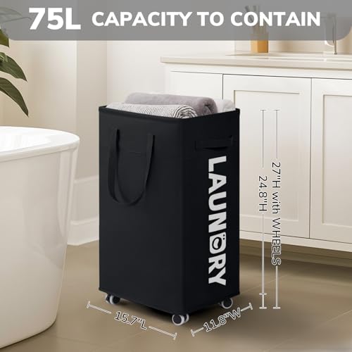 Image of Goodpick Black Laundry Hamper with Wheels, 75L Dirty Clothes Hamper with Removable Wash Bag for Laundry Room, Rolling Laundry Basket