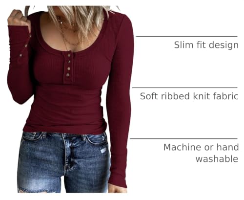 Image of KINLONSAIR Women Long Sleeve Henley Shirts Scoop Neck T-shirt Basic Tops