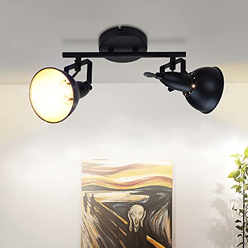 Depuley Plafón de pared de metal negro, foco de techo de diseño retro, 2 focos orientables y giratorios, lámpara de techo vintage, casquillos E14 para dormitorio, salón (bombillas no incluidas) Cover