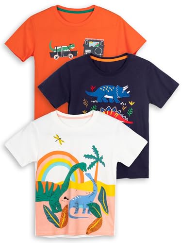 YoungSoul Boys Dinosaur T Shirts Crewneck Kids Summer Tops Short Sleeve 3-Pack Toddler Tee Shirts Dino 2, 5-6 Years
