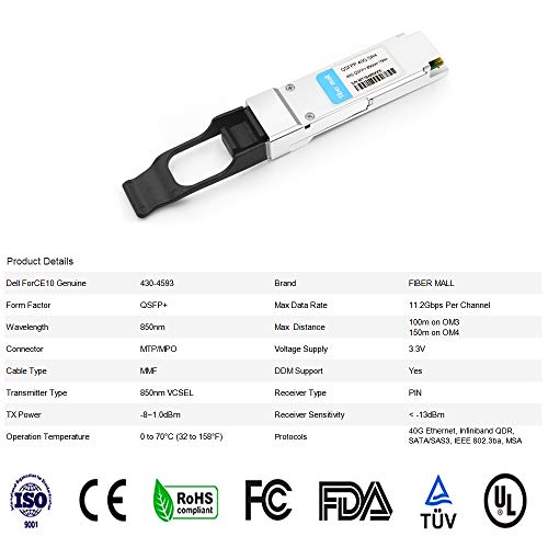 Image of 40G QSFP + SR4 for Dell Networking 430-4593,40GBASE-SR4 QSFP+ 850nm 150m MTP /MPO DOM Optical Transceiver Module