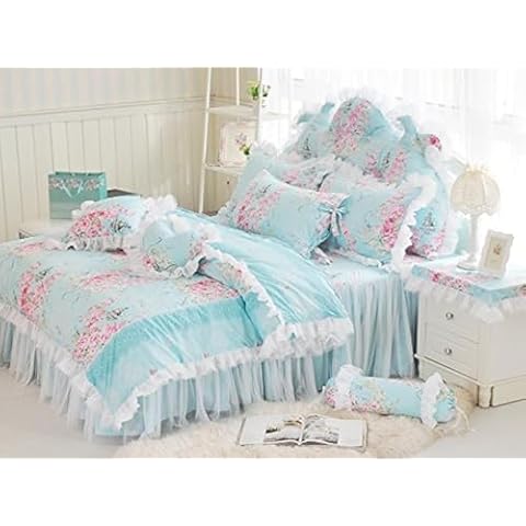 LELVA Romantic Rose Flower Print Bedding for Girls Floral Bed Skirt Set 4 Piece Princess Lace Ruffle Duvet Cover Set Queen Blue Cover