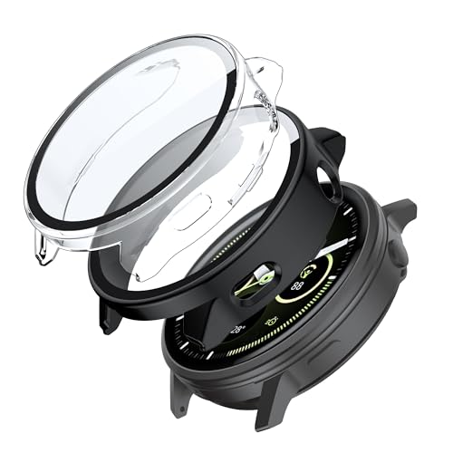 Fitudoos [2 Stück Harte PC Hülle mit Panzerglas Bildschirmschutz Kompatibel mit Garmin Venu 4 45MM,Hochempfindliche Leichte Anti-Fall Schutzhülle, R&um Schutzhülle - 1 Transparent+ 1 Schwarz