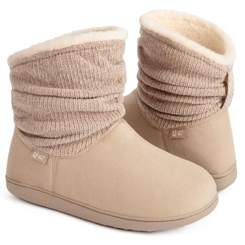 LongBay Women's Warm Chenille Knit Bootie Slippers Memory Foam Comfy Suede Fluffy Faux Fur Boots House Shoes (Large / 9-10, Khaki)
