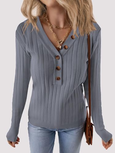 Image of MEROKEETY Women's 2025 Long Sleeve V Neck Ribbed Button Knit Sweater Solid Color Tops