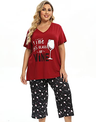 Image of Vozanet Women's Pajamas Set Soft V Neck Sleepwear Top and Capri Pj Lounge Sets Cartoon Heart Shape Cat Nighty Plus Size