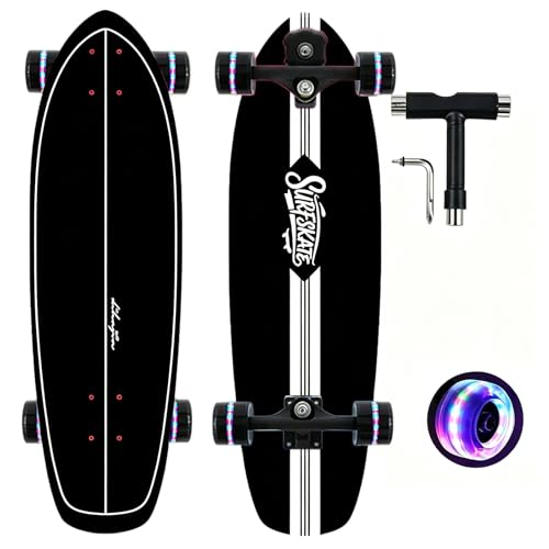 Surf Skateboards 30 x 9.5 Youth Surfskate Cruiser Surf-Like for Beginners Double Kick Deck Girls or Boys Kids Complete Skateboard (Black)