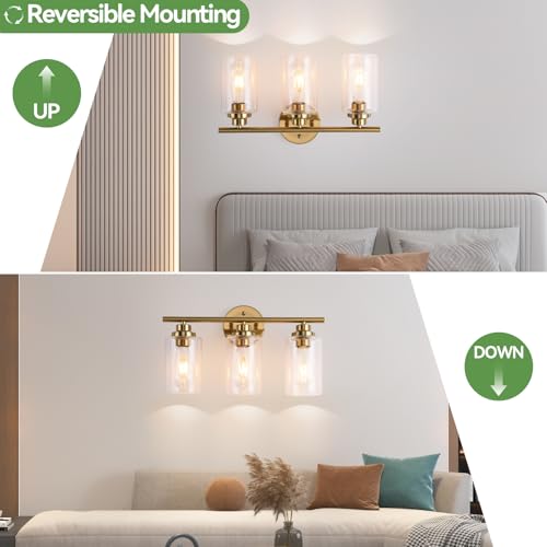 Image of 3-Light Bathroom Light Fixtures, Gold Modern Vanity Light with Clear Glass Shade, Bathroom Lighting Fixtures Over Mirror, Bathroom Wall Lamp for Mirror Living Room Bedroom Kitchen Hallway