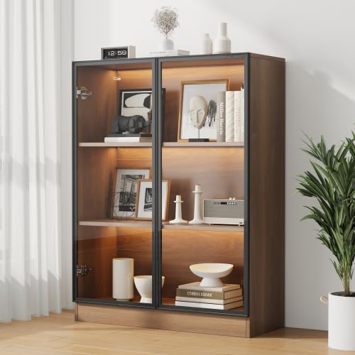 Witryna LED orzech 80x32x106 cm, szklane drzwi aluminiowe, 3 półki