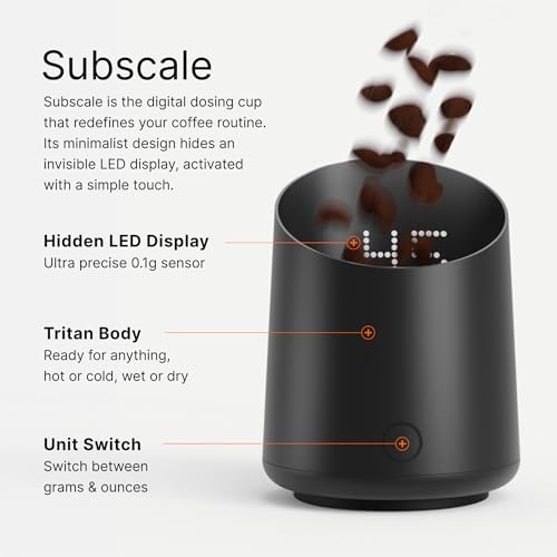 Image of Subminimal Subscale - Digital Coffee Measuring /Dosing Cup, Invisible LED Display, Touch Activated, USB-C Rechargeable - 400 mAh Battery, IPX-4 Splash Resistant, Black