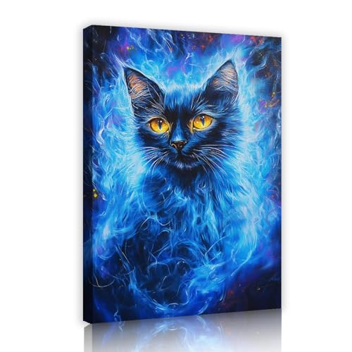 UIRINGART Gato Místico Lienzo Lienzo Arte De Pared Soñador Niebla Azul Niebla Cuadro Póster Para Pasillo Sala De Salón Decoración De Pared De Halloween 60x90cm Marco Interior