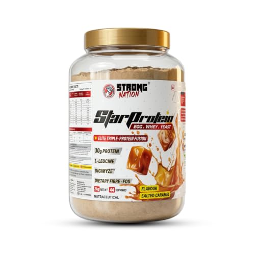 Image of STRONG NATION Star Protien Elite Triple Fusion, Egg, Whey & Yeast Blend | 30g Protien Per Scoop | 2kg (Salted Caramel)