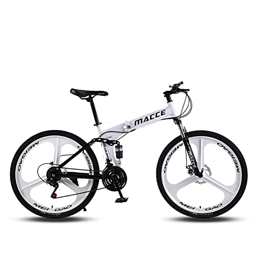 26-Inch Folding Mountain Bike Adult 21/24/27/30 Speed High-Carbon Steel Double Disc Brake Shock-Absorbing Off-Road Full Suspension MTB for Men/Women,W